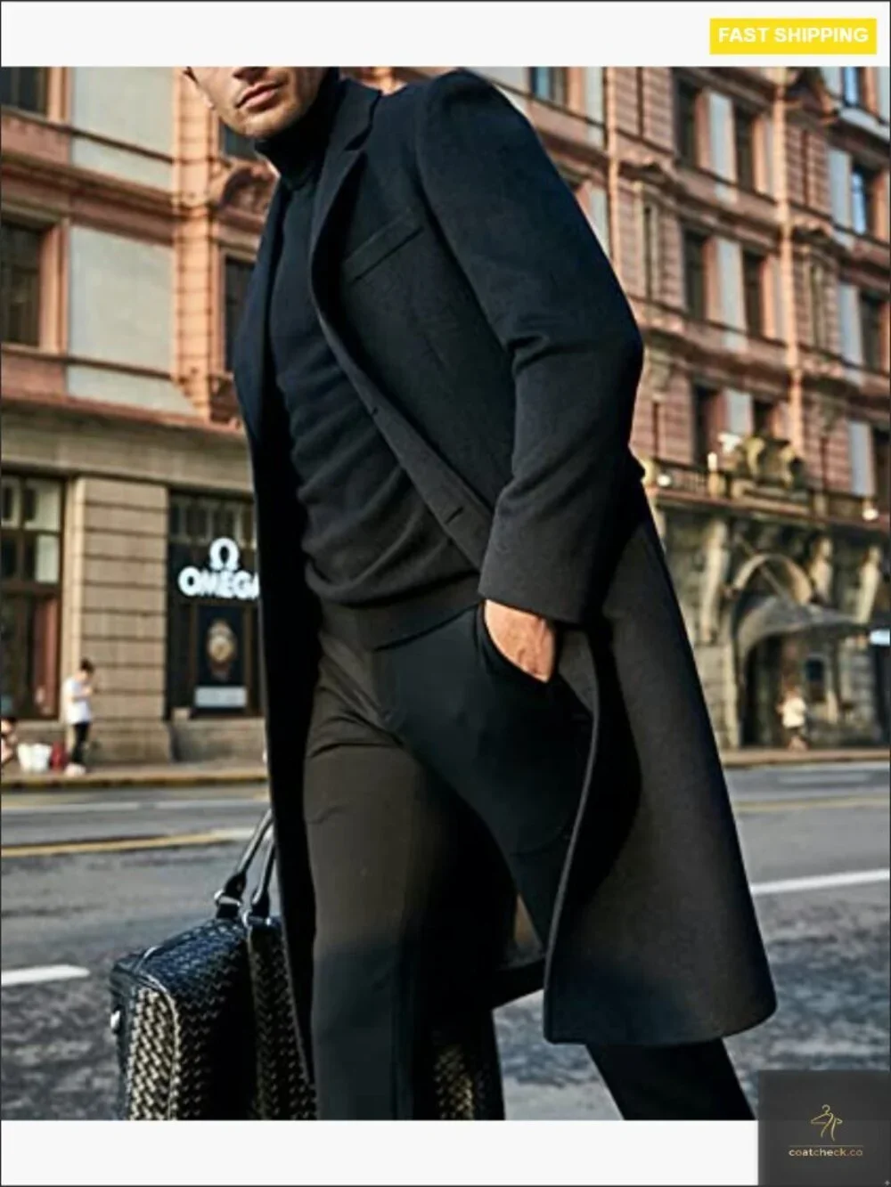 Men's Wool Blend Pea Coat Notch Lapel Single Breasted Long Overcoat Winter